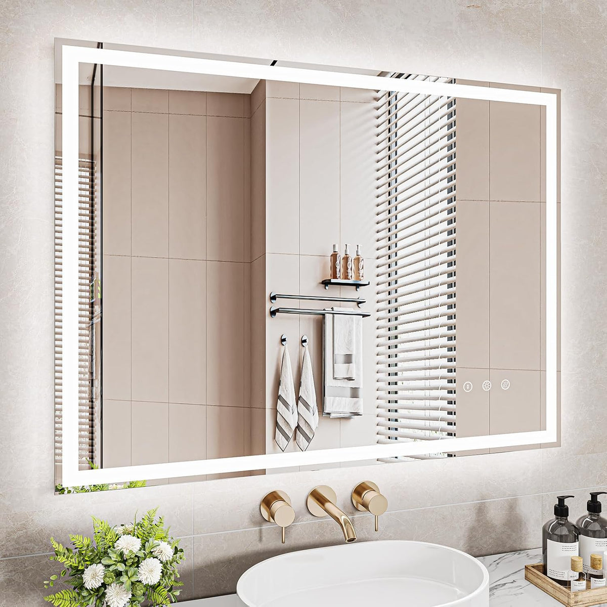 Bathroom Mirror, LED Bathroom Mirror, Memory Function, Touch Switch, Push Button, Dimmable, 3 Light Colours, Adjustable Bathroom Mirror with Lighting, Bathroom Mirror with Wall Mirror, Anti-Fog, 60 x - Carlat