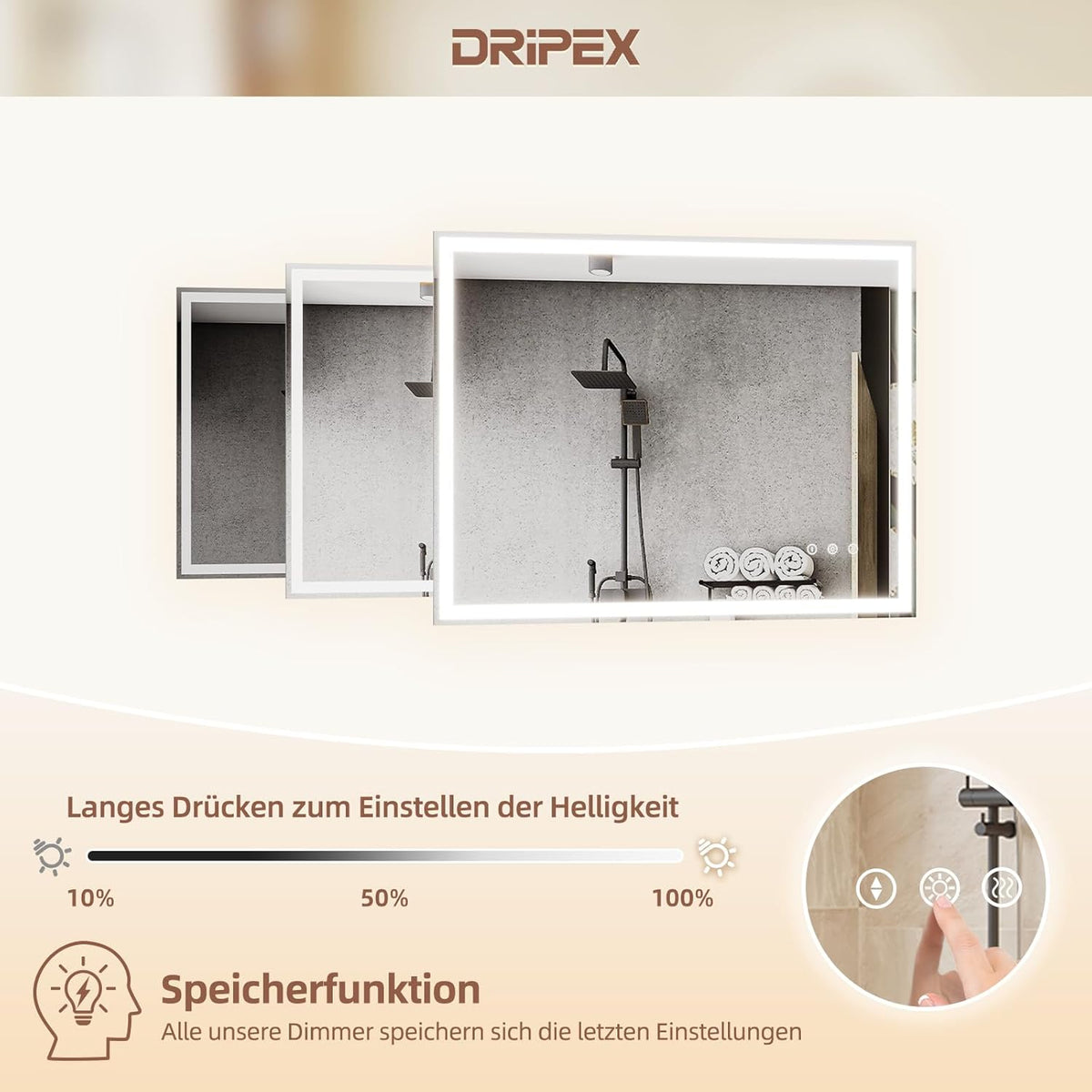 Bathroom Mirror, LED Bathroom Mirror, Memory Function, Touch Switch, Push Button, Dimmable, 3 Light Colours, Adjustable Bathroom Mirror with Lighting, Bathroom Mirror with Wall Mirror, Anti-Fog, 60 x - Carlat