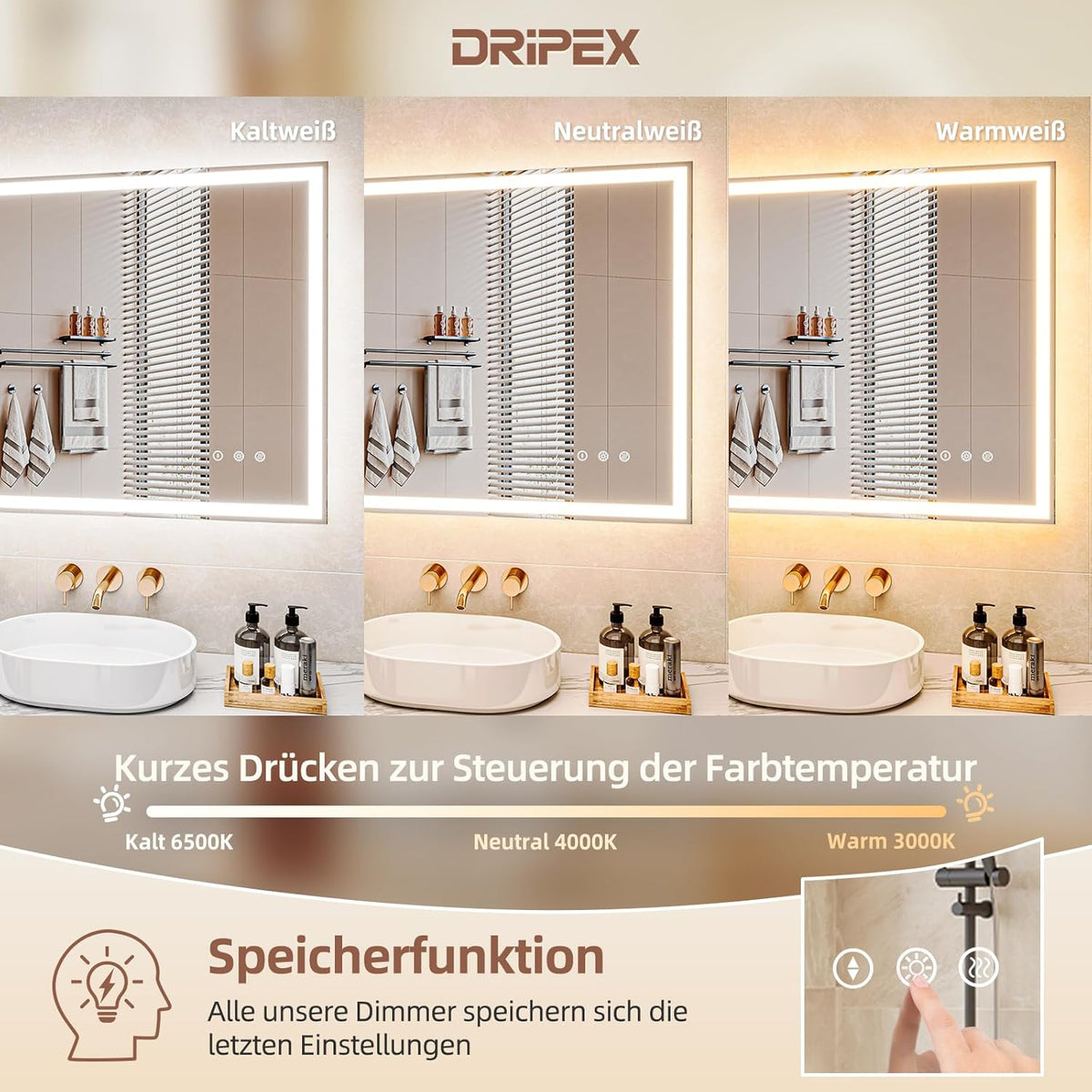 Bathroom Mirror, LED Bathroom Mirror, Memory Function, Touch Switch, Push Button, Dimmable, 3 Light Colours, Adjustable Bathroom Mirror with Lighting, Bathroom Mirror with Wall Mirror, Anti-Fog, 60 x - Carlat