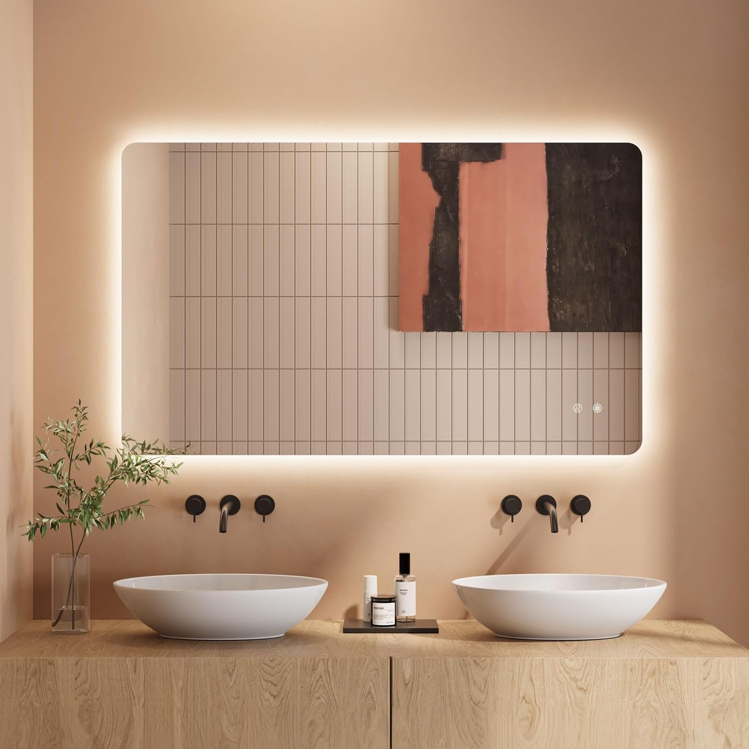 Bathroom Mirror LED Bathroom Mirror, Rectangular, Touch Switch, Dimmable, 3 Light Colours, Adjustable Bathroom Mirror with Lighting, Vertical, Horizontal Mounting, Wall Mirror with Light, Anti-Fog, 60 - Carlat