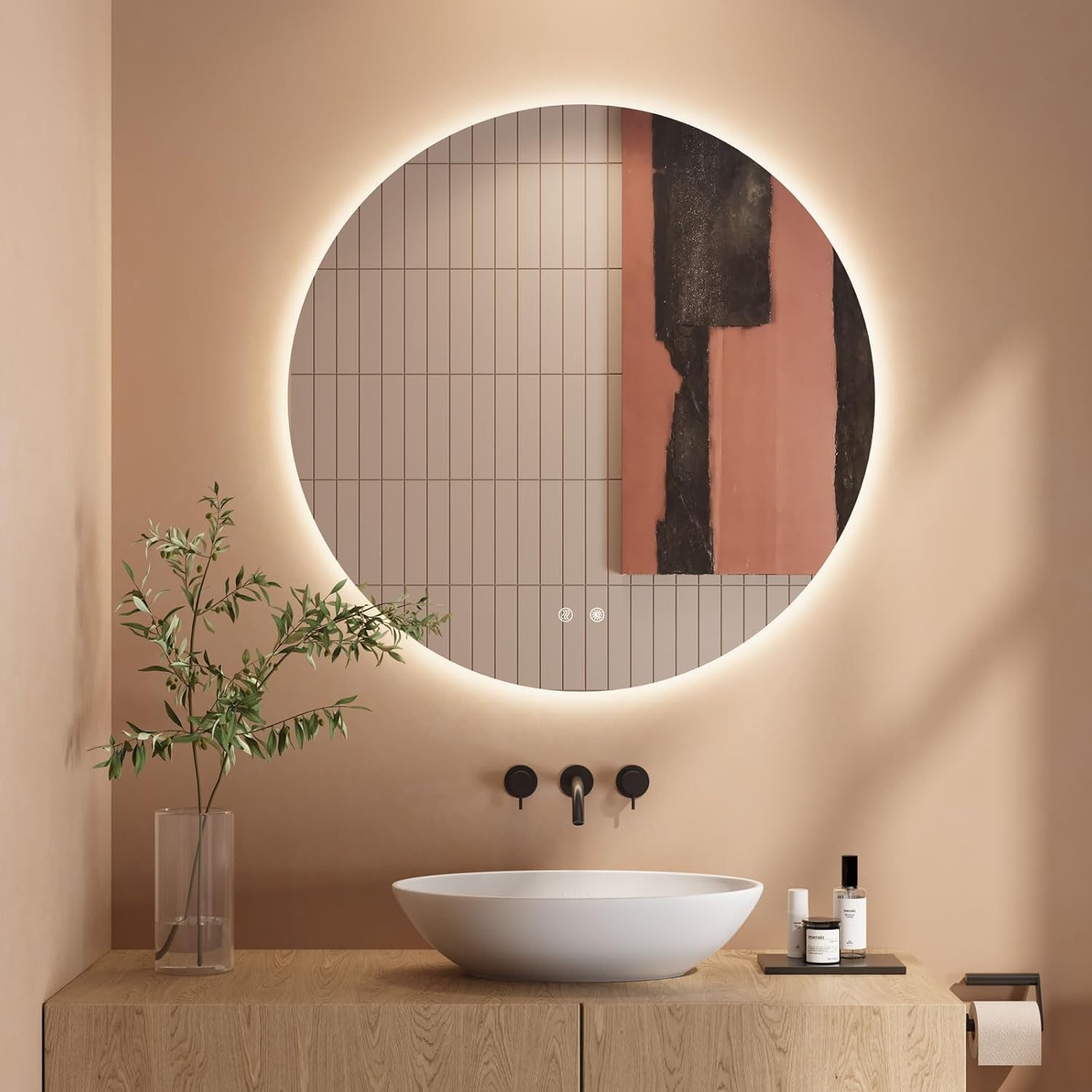 Bathroom Mirror LED Bathroom Mirror, Rectangular, Touch Switch, Dimmable, 3 Light Colours, Adjustable Bathroom Mirror with Lighting, Vertical, Horizontal Mounting, Wall Mirror with Light, Anti-Fog, 60 - Carlat