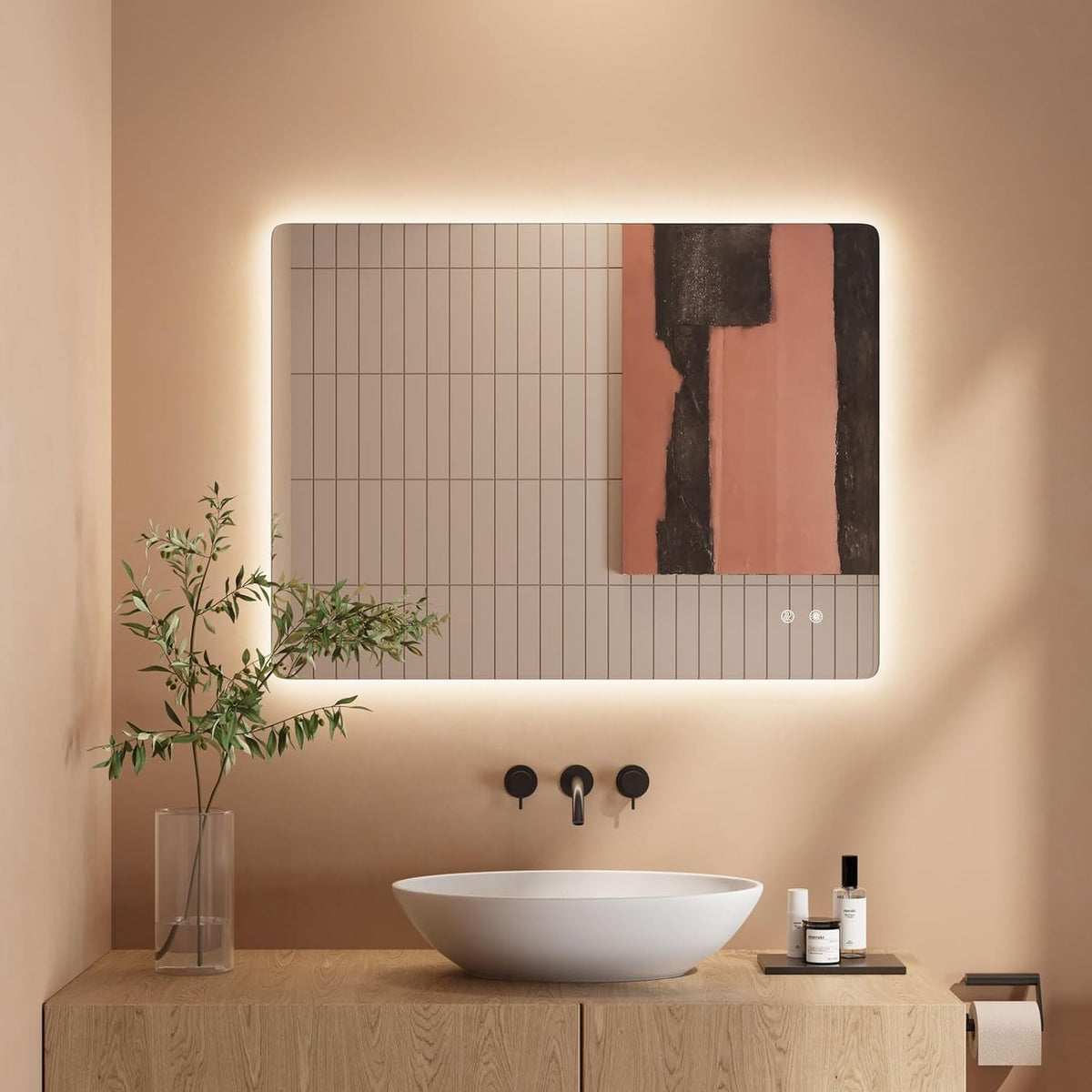 Bathroom Mirror LED Bathroom Mirror, Rectangular, Touch Switch, Dimmable, 3 Light Colours, Adjustable Bathroom Mirror with Lighting, Vertical, Horizontal Mounting, Wall Mirror with Light, Anti-Fog, 60 - Carlat