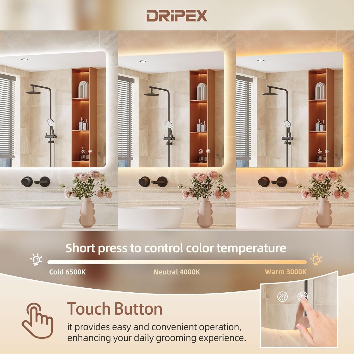 Bathroom Mirror LED Bathroom Mirror, Rectangular, Touch Switch, Dimmable, 3 Light Colours, Adjustable Bathroom Mirror with Lighting, Vertical, Horizontal Mounting, Wall Mirror with Light, Anti-Fog, 60 - Carlat