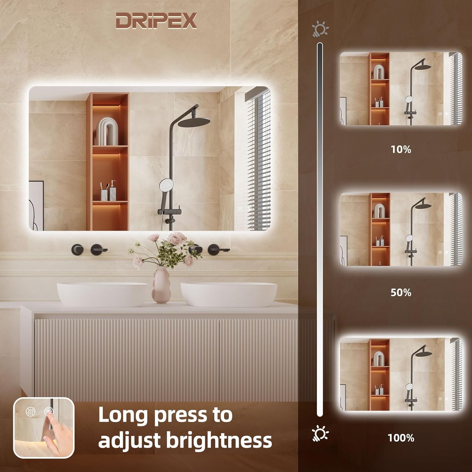 Bathroom Mirror LED Bathroom Mirror, Rectangular, Touch Switch, Dimmable, 3 Light Colours, Adjustable Bathroom Mirror with Lighting, Vertical, Horizontal Mounting, Wall Mirror with Light, Anti-Fog, 60 - Carlat
