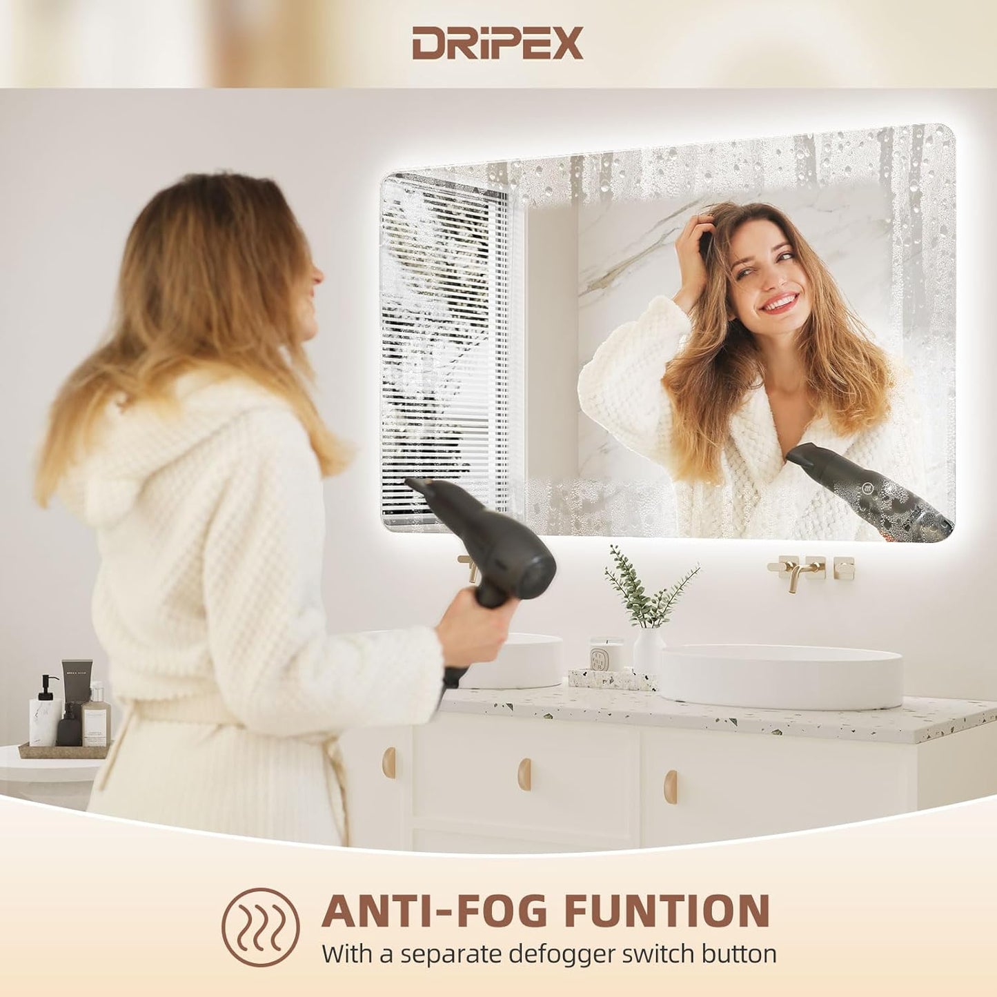 Bathroom Mirror LED Bathroom Mirror, Rectangular, Touch Switch, Dimmable, 3 Light Colours, Adjustable Bathroom Mirror with Lighting, Vertical, Horizontal Mounting, Wall Mirror with Light, Anti-Fog, 60 - Carlat