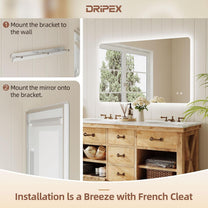 Bathroom Mirror LED Bathroom Mirror, Rectangular, Touch Switch, Dimmable, 3 Light Colours, Adjustable Bathroom Mirror with Lighting, Vertical, Horizontal Mounting, Wall Mirror with Light, Anti-Fog, 60 - Carlat