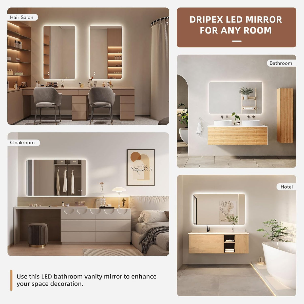 Bathroom Mirror LED Bathroom Mirror, Rectangular, Touch Switch, Dimmable, 3 Light Colours, Adjustable Bathroom Mirror with Lighting, Vertical, Horizontal Mounting, Wall Mirror with Light, Anti-Fog, 60 - Carlat