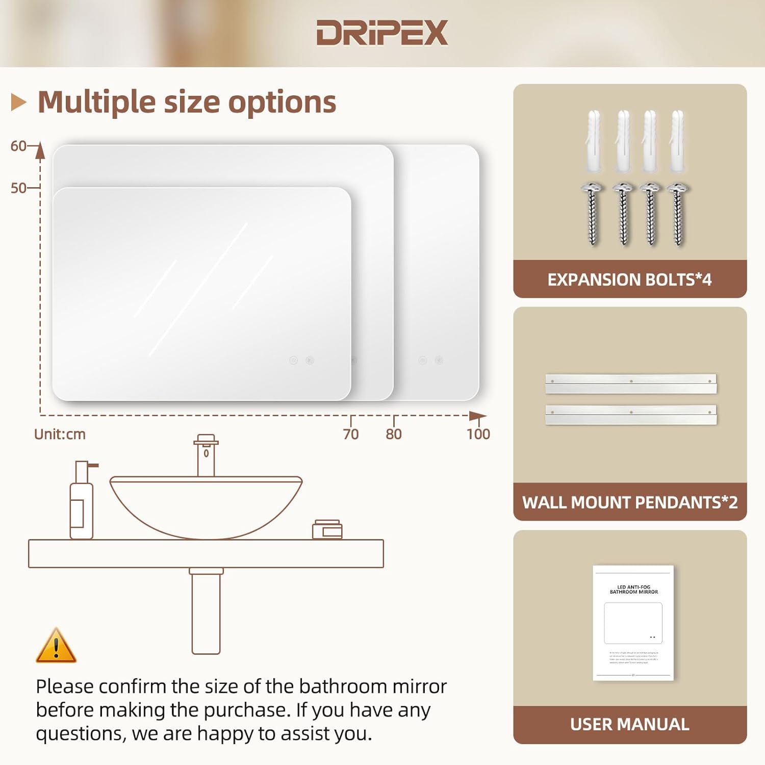 Bathroom Mirror LED Bathroom Mirror, Rectangular, Touch Switch, Dimmable, 3 Light Colours, Adjustable Bathroom Mirror with Lighting, Vertical, Horizontal Mounting, Wall Mirror with Light, Anti-Fog, 60 - Carlat