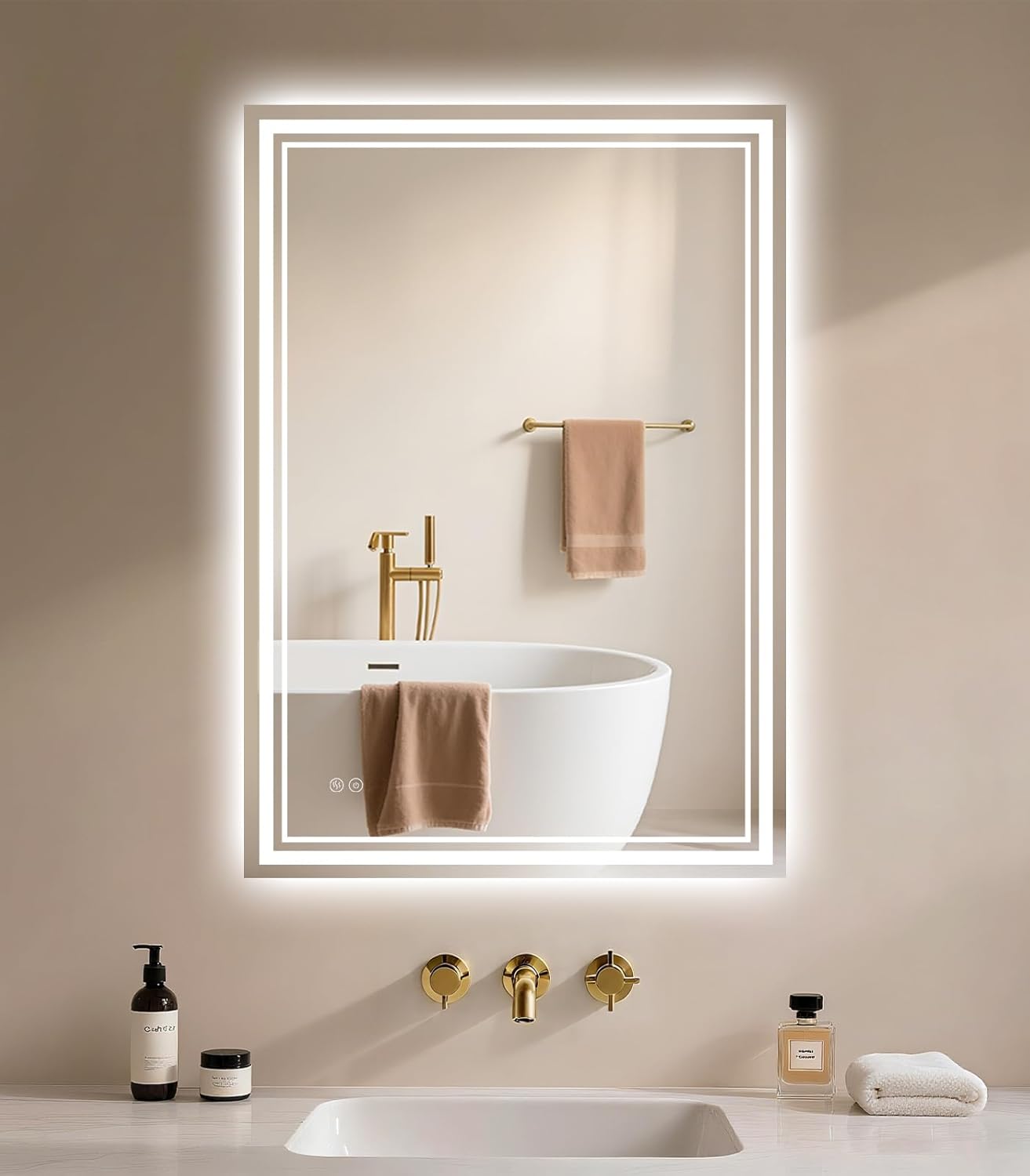 Bathroom Mirror with Lighting 40 x 60 cm - Bathroom Mirror LED - Bathroom Mirror with Anti-Fog Touch Switch Dimmable 3 Light Colours Anti-Fog Wall Mirror IP44 LED Mirror Bathroom Horizontal / Vertical - Carlat