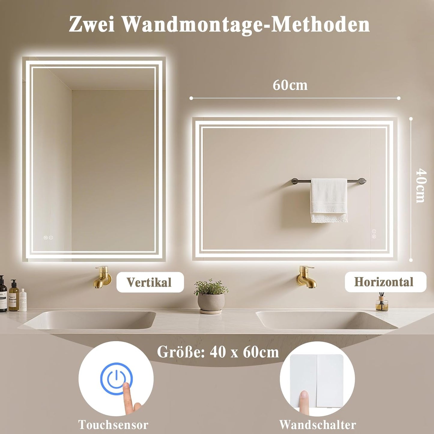 Bathroom Mirror with Lighting 40 x 60 cm - Bathroom Mirror LED - Bathroom Mirror with Anti-Fog Touch Switch Dimmable 3 Light Colours Anti-Fog Wall Mirror IP44 LED Mirror Bathroom Horizontal / Vertical - Carlat