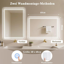 Bathroom Mirror with Lighting 40 x 60 cm - Bathroom Mirror LED - Bathroom Mirror with Anti-Fog Touch Switch Dimmable 3 Light Colours Anti-Fog Wall Mirror IP44 LED Mirror Bathroom Horizontal / Vertical - Carlat