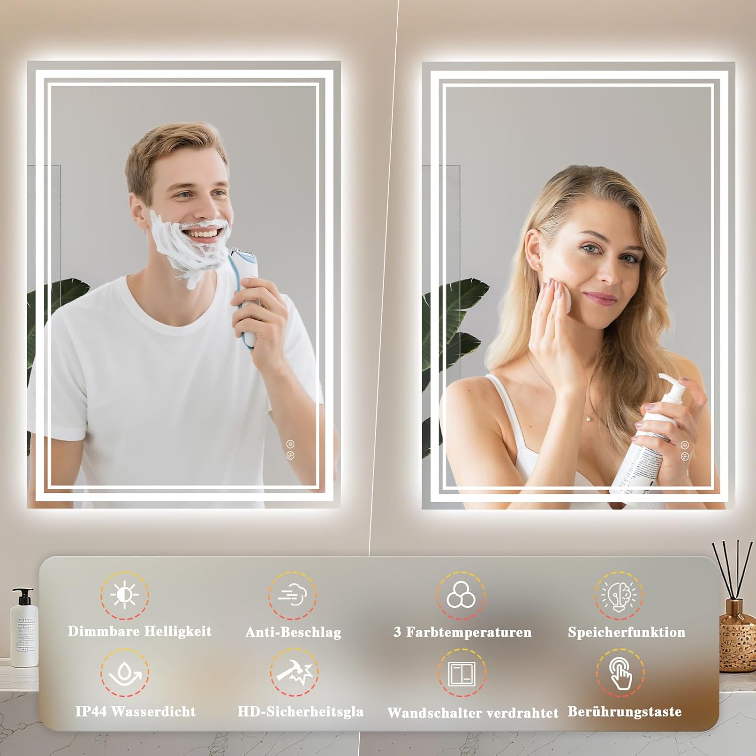 Bathroom Mirror with Lighting 40 x 60 cm - Bathroom Mirror LED - Bathroom Mirror with Anti-Fog Touch Switch Dimmable 3 Light Colours Anti-Fog Wall Mirror IP44 LED Mirror Bathroom Horizontal / Vertical - Carlat