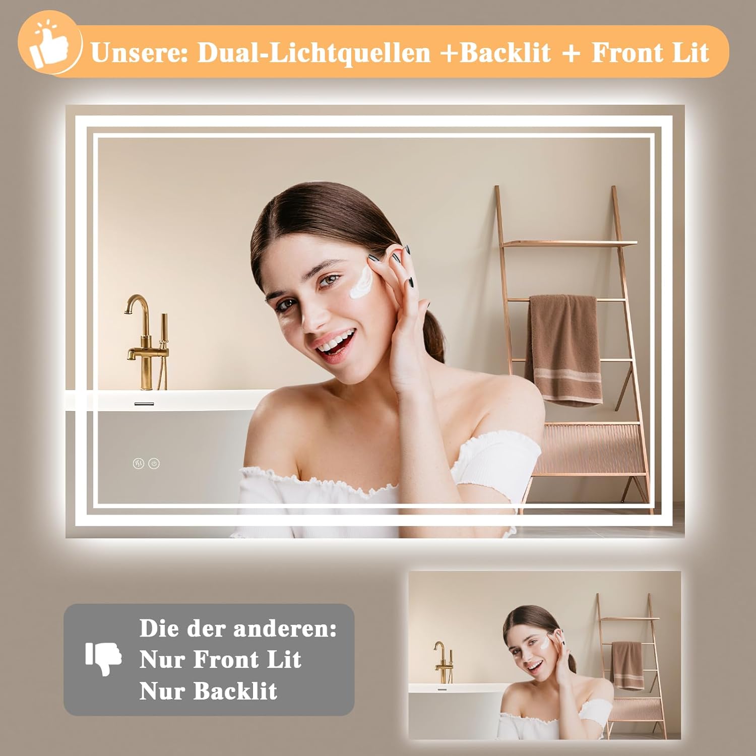 Bathroom Mirror with Lighting 40 x 60 cm - Bathroom Mirror LED - Bathroom Mirror with Anti-Fog Touch Switch Dimmable 3 Light Colours Anti-Fog Wall Mirror IP44 LED Mirror Bathroom Horizontal / Vertical - Carlat