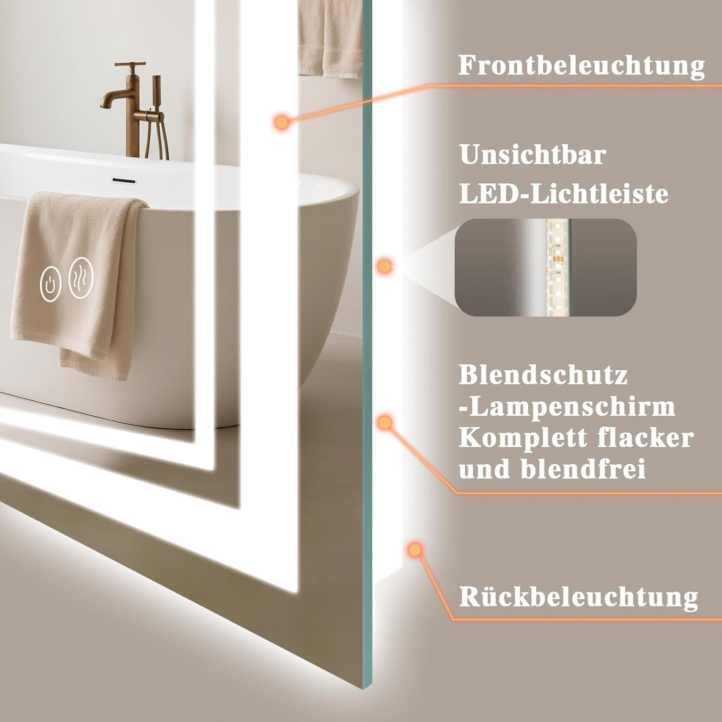 Bathroom Mirror with Lighting 40 x 60 cm - Bathroom Mirror LED - Bathroom Mirror with Anti-Fog Touch Switch Dimmable 3 Light Colours Anti-Fog Wall Mirror IP44 LED Mirror Bathroom Horizontal / Vertical - Carlat