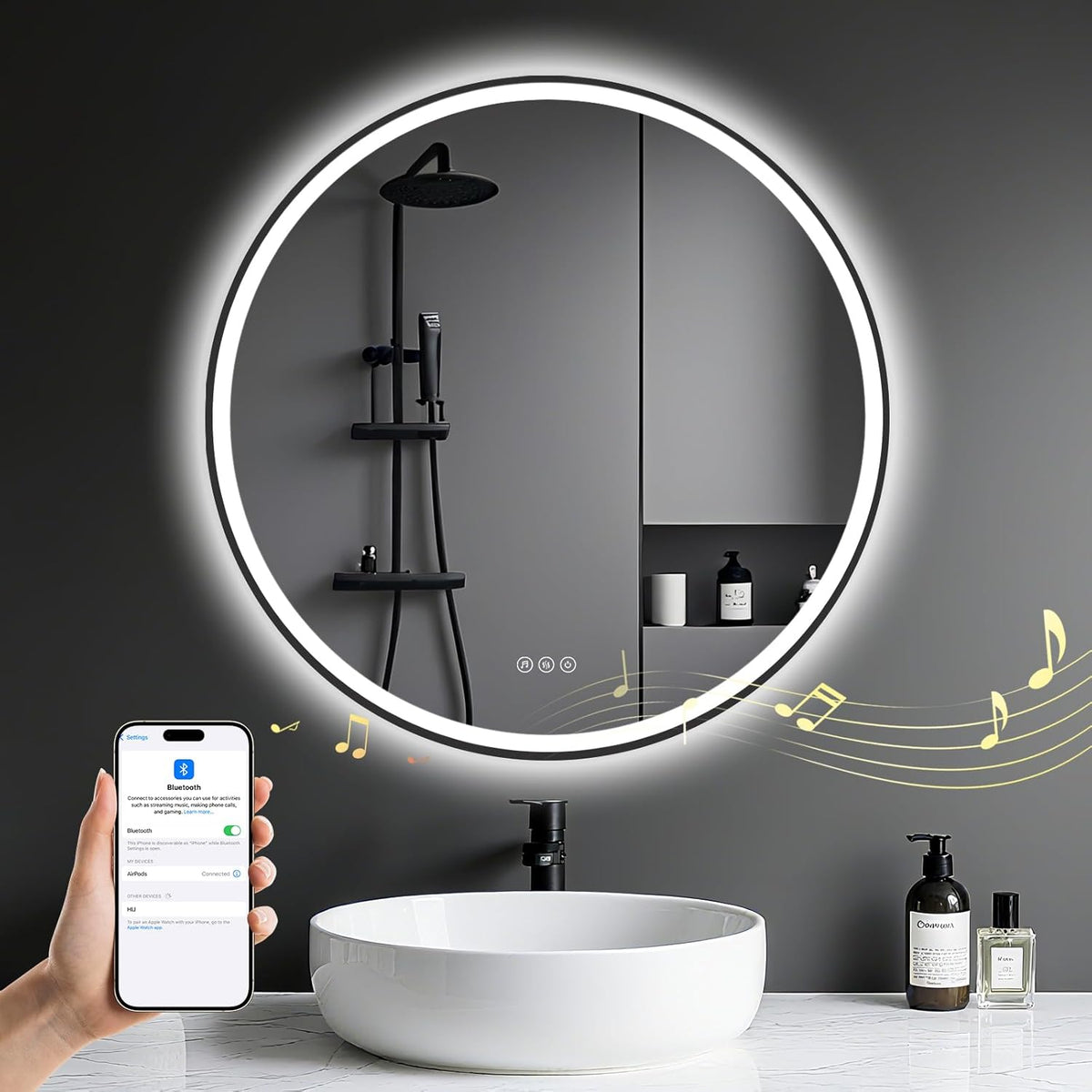 Bathroom Mirror with Lighting - Bathroom Mirror LED with Anti-Fog, Touch Switch, Dimmable, 3 Light Colours, Memory Function, Bathroom Mirror Explosion Protection Wall Mirror - Round 60 cm - Carlat