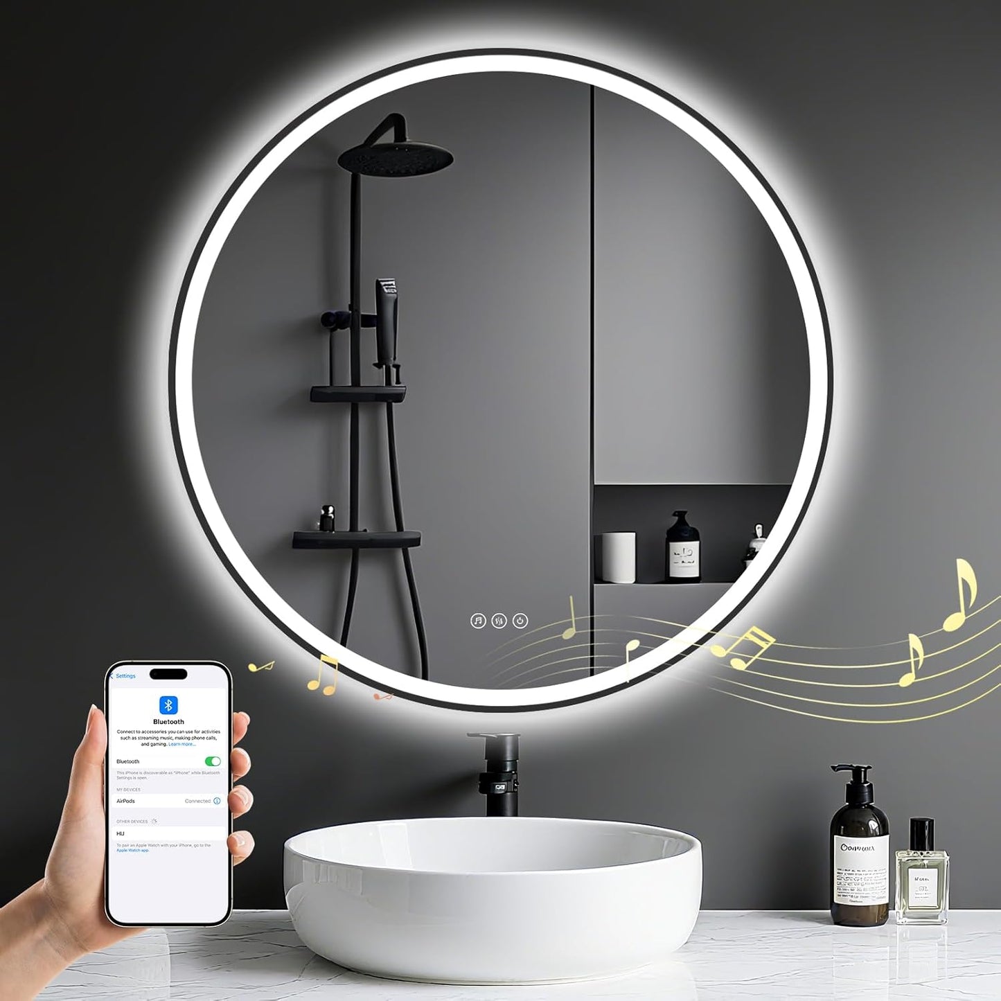 Bathroom Mirror with Lighting - Bathroom Mirror LED with Anti-Fog, Touch Switch, Dimmable, 3 Light Colours, Memory Function, Bathroom Mirror Explosion Protection Wall Mirror - Round 60 cm - Carlat