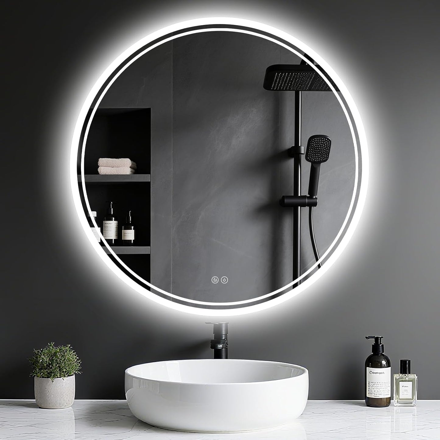 Bathroom Mirror with Lighting - Bathroom Mirror LED with Anti-Fog, Touch Switch, Dimmable, 3 Light Colours, Memory Function, Bathroom Mirror Explosion Protection Wall Mirror - Round 60 cm - Carlat