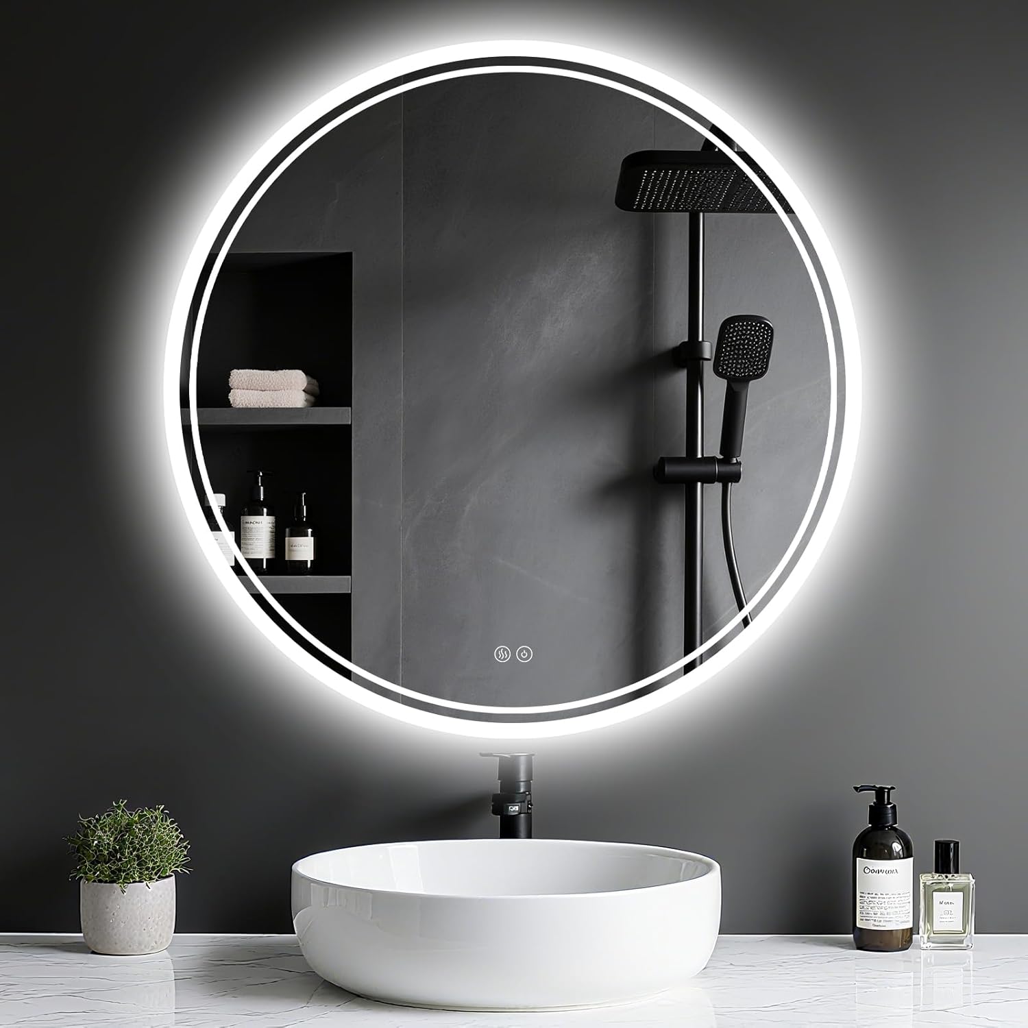Bathroom Mirror with Lighting - Bathroom Mirror LED with Anti-Fog, Touch Switch, Dimmable, 3 Light Colours, Memory Function, Bathroom Mirror Explosion Protection Wall Mirror - Round 60 cm - Carlat
