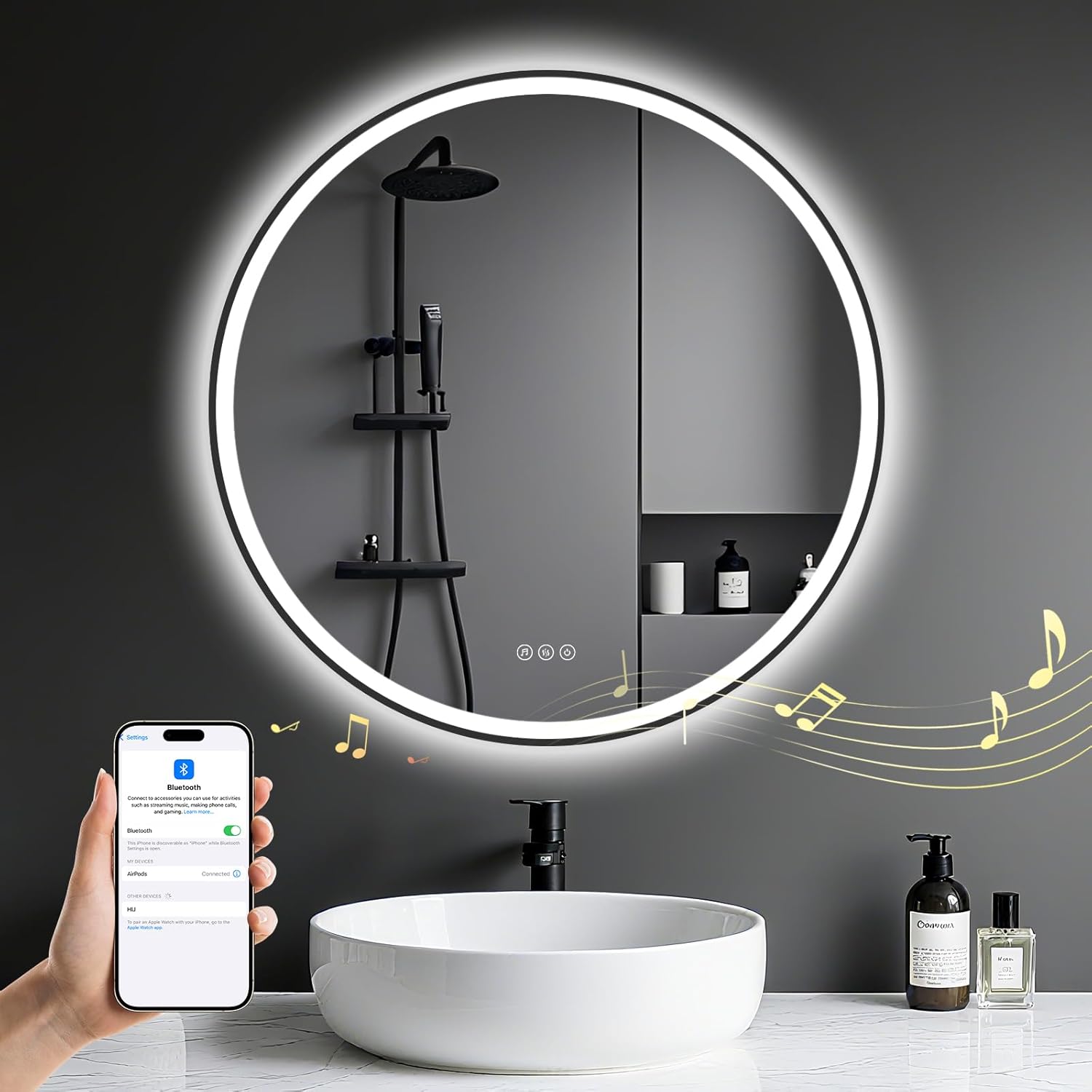 Bathroom Mirror with Lighting - Bathroom Mirror LED with Anti-Fog, Touch Switch, Dimmable, 3 Light Colours, Memory Function, Bathroom Mirror Explosion Protection Wall Mirror - Round 60 cm - Carlat