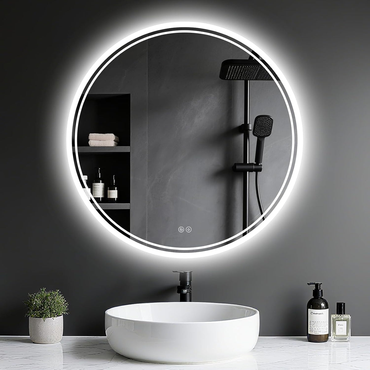 Bathroom Mirror with Lighting - Bathroom Mirror LED with Anti-Fog, Touch Switch, Dimmable, 3 Light Colours, Memory Function, Bathroom Mirror Explosion Protection Wall Mirror - Round 60 cm - Carlat