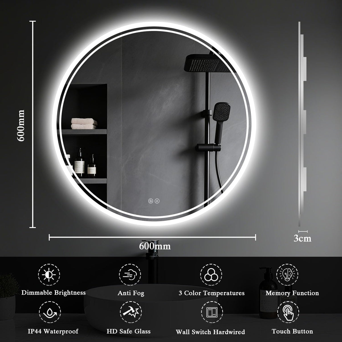 Bathroom Mirror with Lighting - Bathroom Mirror LED with Anti-Fog, Touch Switch, Dimmable, 3 Light Colours, Memory Function, Bathroom Mirror Explosion Protection Wall Mirror - Round 60 cm - Carlat