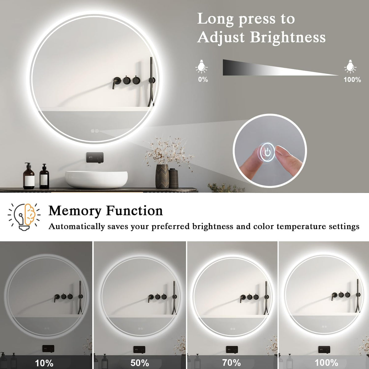 Bathroom Mirror with Lighting - Bathroom Mirror LED with Anti-Fog, Touch Switch, Dimmable, 3 Light Colours, Memory Function, Bathroom Mirror Explosion Protection Wall Mirror - Round 60 cm - Carlat