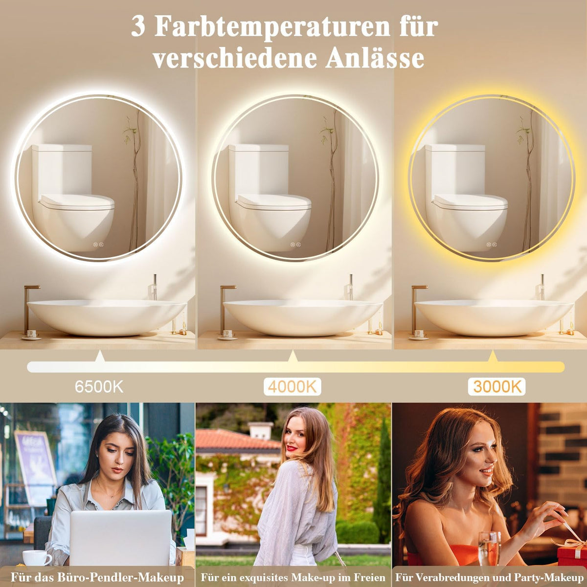 Bathroom Mirror with Lighting - Bathroom Mirror LED with Anti-Fog, Touch Switch, Dimmable, 3 Light Colours, Memory Function, Bathroom Mirror Explosion Protection Wall Mirror - Round 60 cm - Carlat