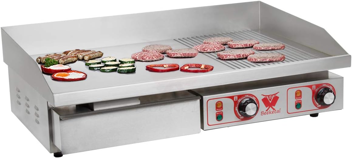 Beeketal professional cast iron grill plates, electric, temperature infinitely adjustable 50-300 °C, stainless steel catering table, electric grill with splash guard and large fat collection container - Carlat