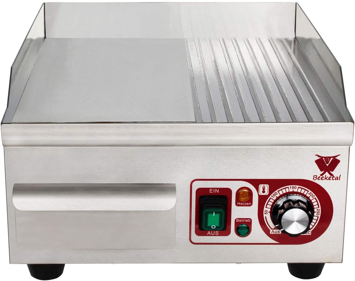 Beeketal professional cast iron grill plates, electric, temperature infinitely adjustable 50-300 °C, stainless steel catering table, electric grill with splash guard and large fat collection container - Carlat