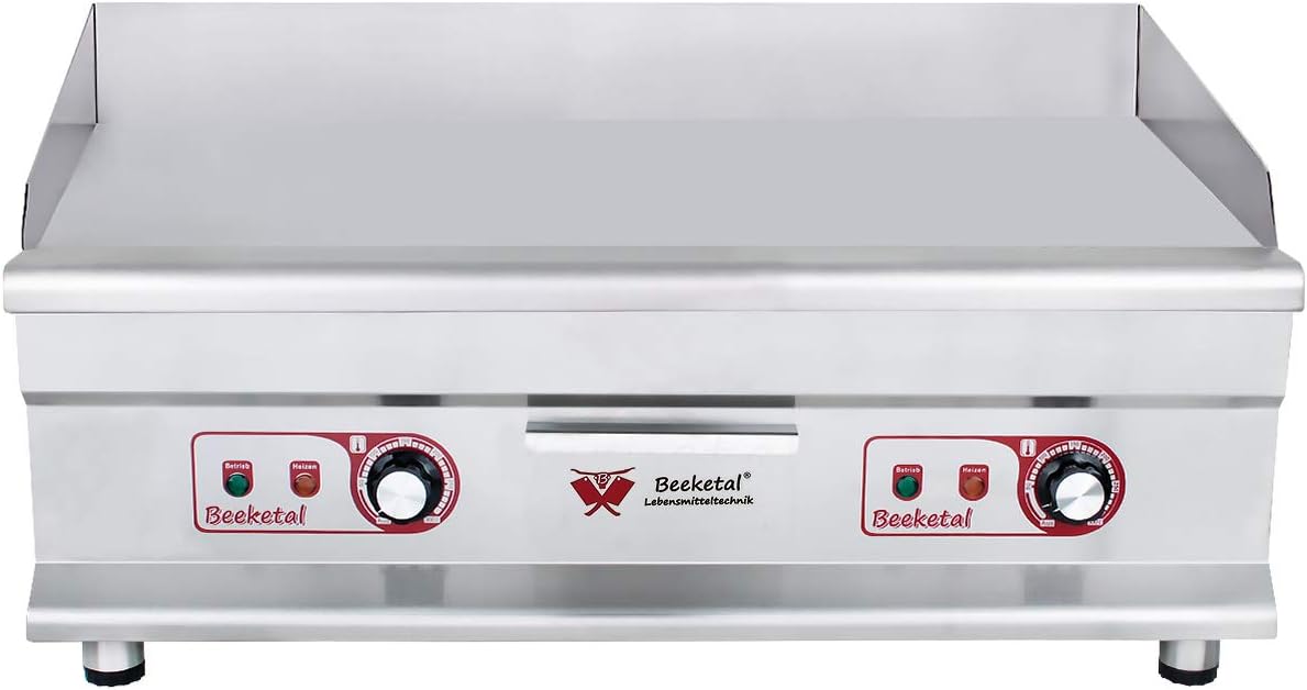 Beeketal professional cast iron grill plates, electric, temperature infinitely adjustable 50-300 °C, stainless steel catering table, electric grill with splash guard and large fat collection container - Carlat