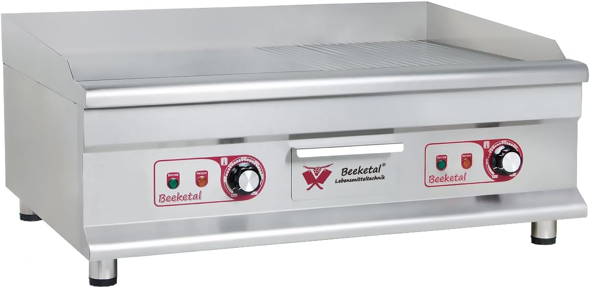 Beeketal professional cast iron grill plates, electric, temperature infinitely adjustable 50-300 °C, stainless steel catering table, electric grill with splash guard and large fat collection container - Carlat