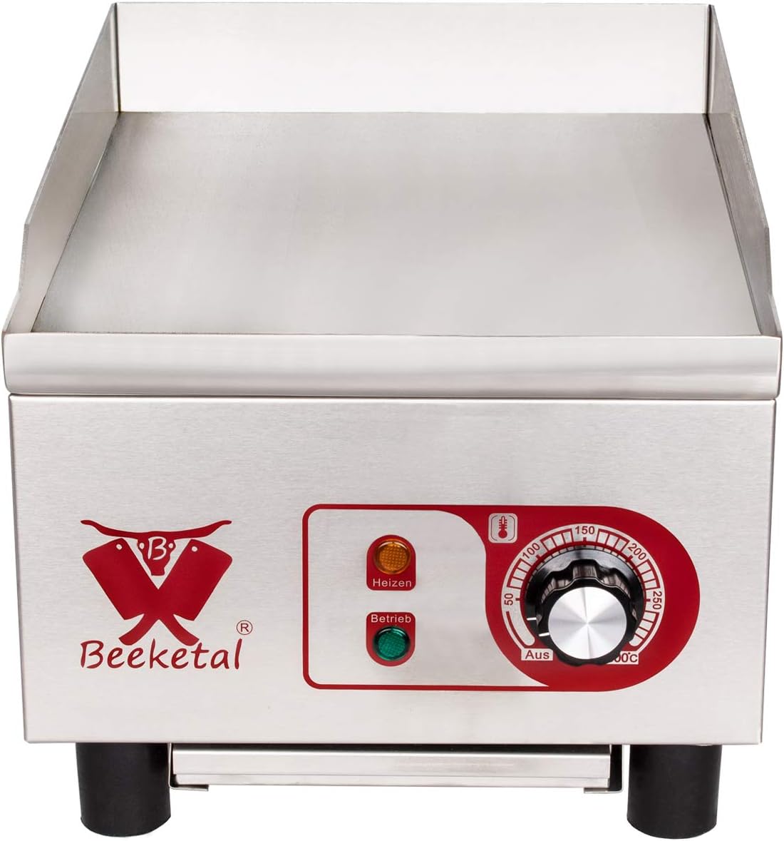 Beeketal professional cast iron grill plates, electric, temperature infinitely adjustable 50-300 °C, stainless steel catering table, electric grill with splash guard and large fat collection container - Carlat