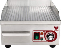 Beeketal professional cast iron grill plates, electric, temperature infinitely adjustable 50-300 °C, stainless steel catering table, electric grill with splash guard and large fat collection container - Carlat