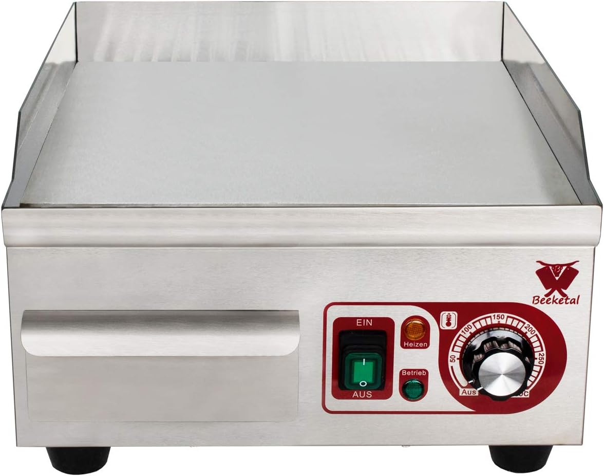 Beeketal professional cast iron grill plates, electric, temperature infinitely adjustable 50-300 °C, stainless steel catering table, electric grill with splash guard and large fat collection container - Carlat