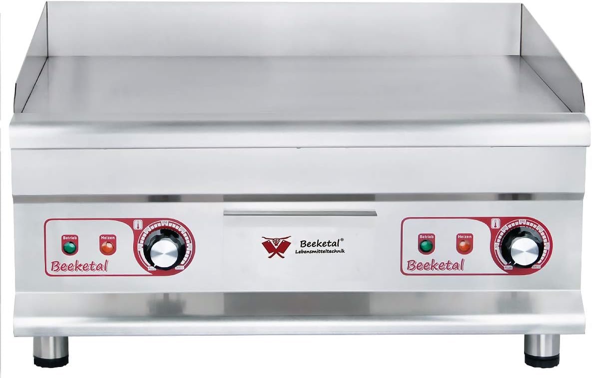 Beeketal professional cast iron grill plates, electric, temperature infinitely adjustable 50-300 °C, stainless steel catering table, electric grill with splash guard and large fat collection container - Carlat
