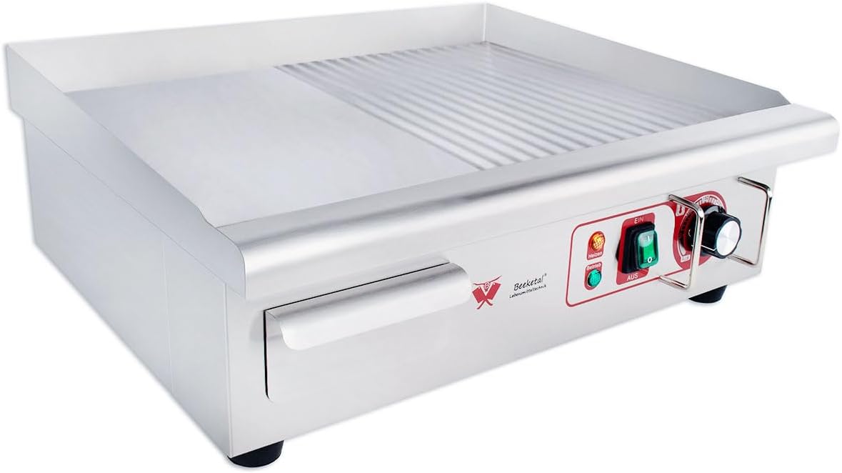 Beeketal professional cast iron grill plates, electric, temperature infinitely adjustable 50-300 °C, stainless steel catering table, electric grill with splash guard and large fat collection container - Carlat
