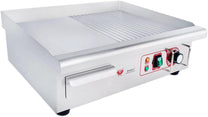 Beeketal professional cast iron grill plates, electric, temperature infinitely adjustable 50-300 °C, stainless steel catering table, electric grill with splash guard and large fat collection container - Carlat