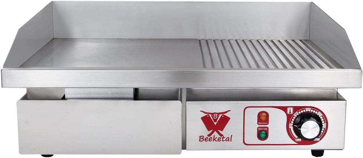 Beeketal professional cast iron grill plates, electric, temperature infinitely adjustable 50-300 °C, stainless steel catering table, electric grill with splash guard and large fat collection container - Carlat