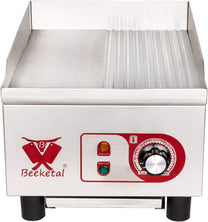 Beeketal professional cast iron grill plates, electric, temperature infinitely adjustable 50-300 °C, stainless steel catering table, electric grill with splash guard and large fat collection container - Carlat