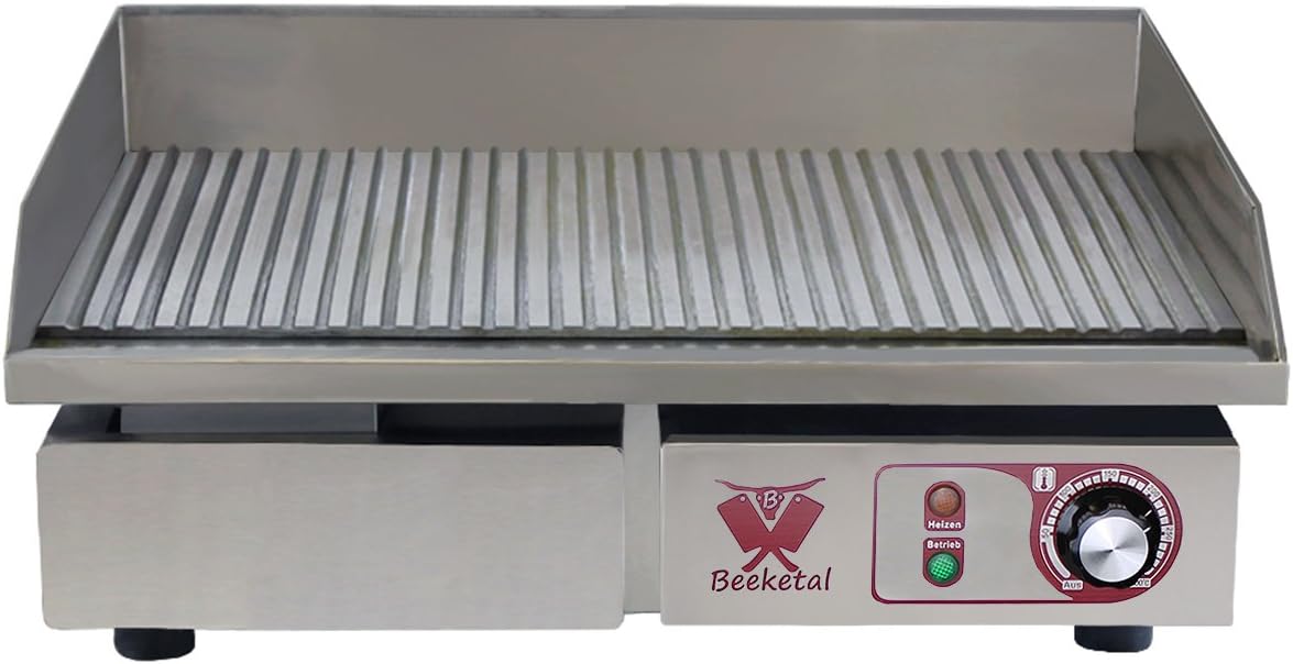 Beeketal professional cast iron grill plates, electric, temperature infinitely adjustable 50-300 °C, stainless steel catering table, electric grill with splash guard and large fat collection container - Carlat