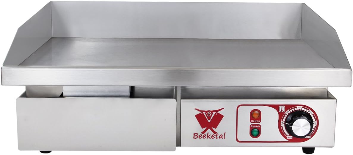 Beeketal professional cast iron grill plates, electric, temperature infinitely adjustable 50-300 °C, stainless steel catering table, electric grill with splash guard and large fat collection container - Carlat