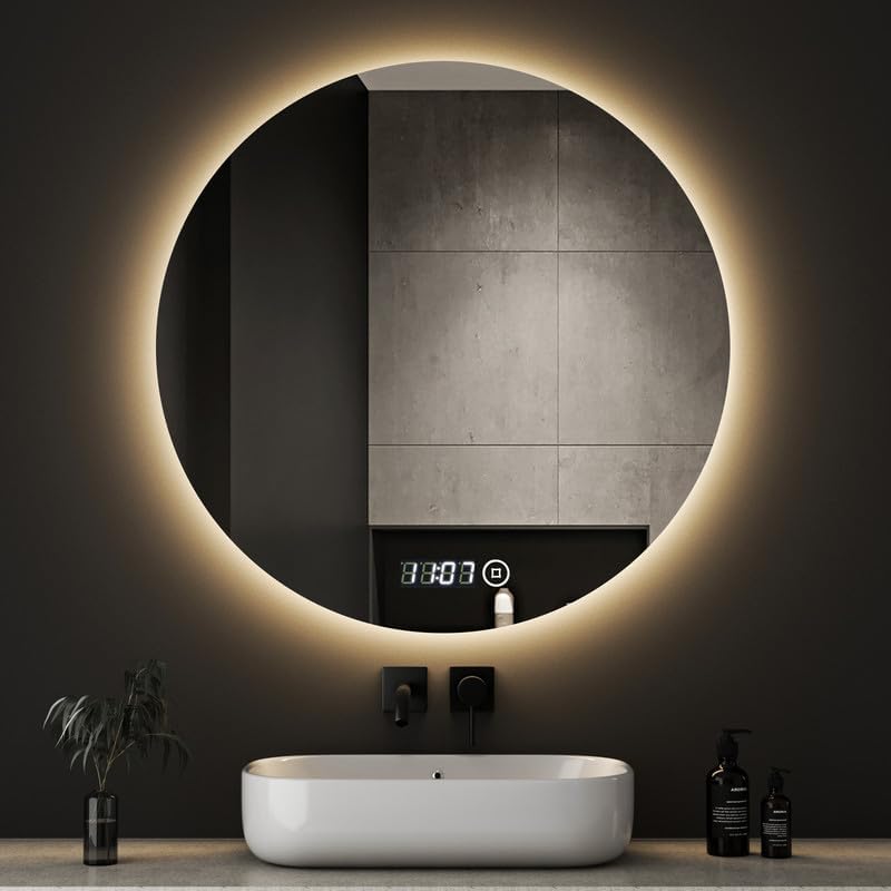 Boromal LED Bathroom Mirror Round with Lighting 60 x 60 cm LED Mirror Round Bathroom Mirror with Lighting Wall Mirror Round with 3 Light Colours Dimmable Touch Switch - Carlat