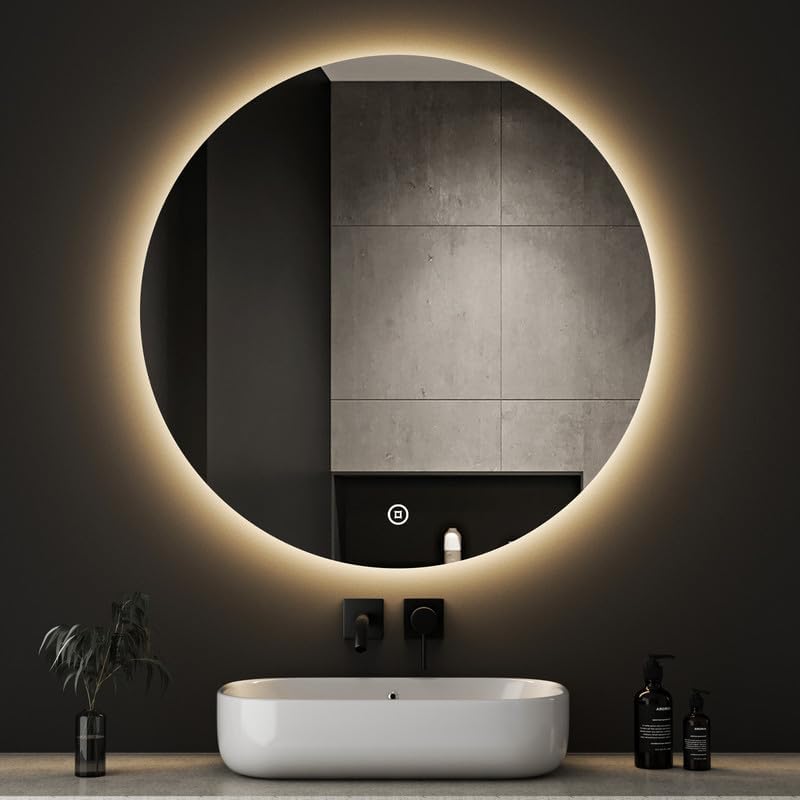 Boromal LED Bathroom Mirror Round with Lighting 60 x 60 cm LED Mirror Round Bathroom Mirror with Lighting Wall Mirror Round with 3 Light Colours Dimmable Touch Switch - Carlat