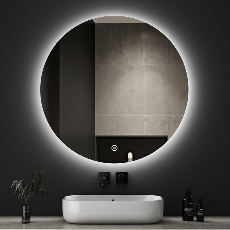 Boromal LED Bathroom Mirror Round with Lighting 60 x 60 cm LED Mirror Round Bathroom Mirror with Lighting Wall Mirror Round with 3 Light Colours Dimmable Touch Switch - Carlat