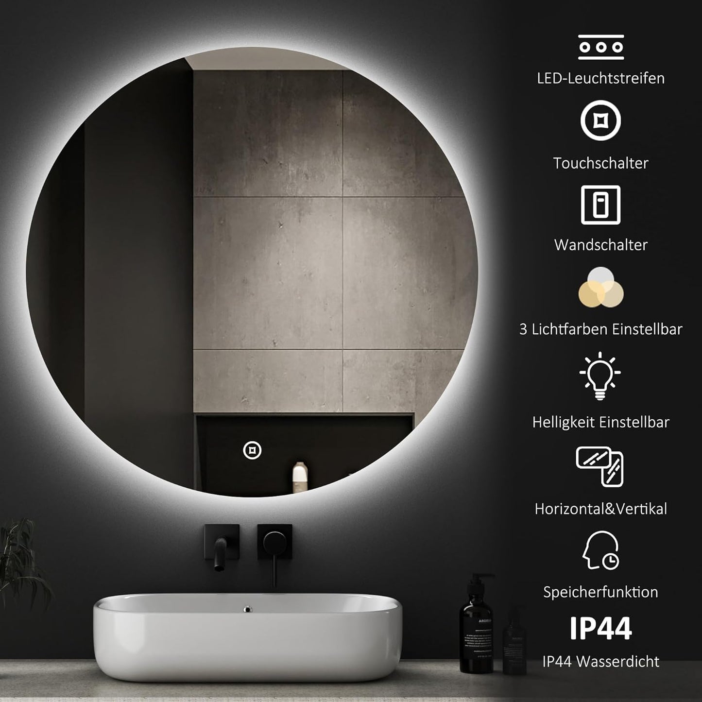 Boromal LED Bathroom Mirror Round with Lighting 60 x 60 cm LED Mirror Round Bathroom Mirror with Lighting Wall Mirror Round with 3 Light Colours Dimmable Touch Switch - Carlat