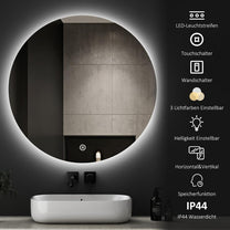 Boromal LED Bathroom Mirror Round with Lighting 60 x 60 cm LED Mirror Round Bathroom Mirror with Lighting Wall Mirror Round with 3 Light Colours Dimmable Touch Switch - Carlat