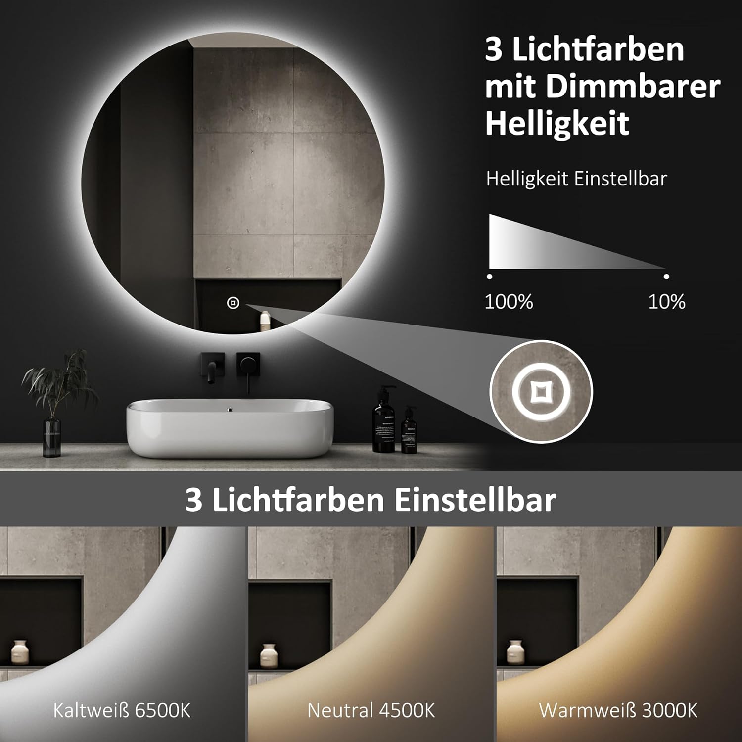 Boromal LED Bathroom Mirror Round with Lighting 60 x 60 cm LED Mirror Round Bathroom Mirror with Lighting Wall Mirror Round with 3 Light Colours Dimmable Touch Switch - Carlat