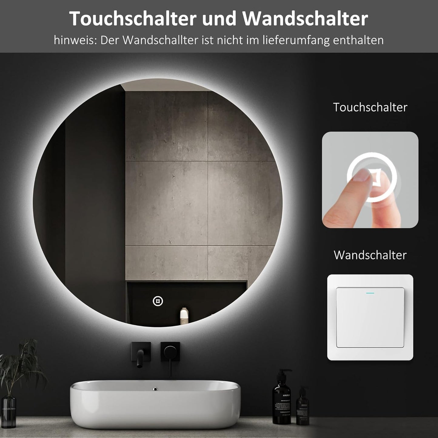 Boromal LED Bathroom Mirror Round with Lighting 60 x 60 cm LED Mirror Round Bathroom Mirror with Lighting Wall Mirror Round with 3 Light Colours Dimmable Touch Switch - Carlat