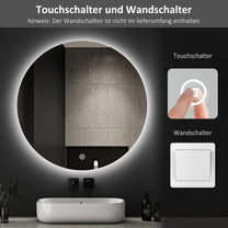Boromal LED Bathroom Mirror Round with Lighting 60 x 60 cm LED Mirror Round Bathroom Mirror with Lighting Wall Mirror Round with 3 Light Colours Dimmable Touch Switch - Carlat