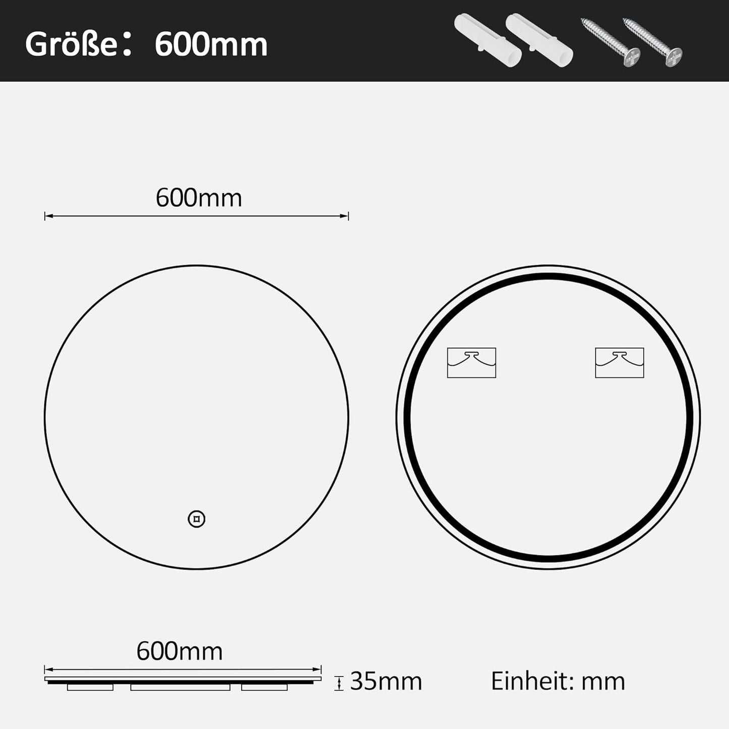 Boromal LED Bathroom Mirror Round with Lighting 60 x 60 cm LED Mirror Round Bathroom Mirror with Lighting Wall Mirror Round with 3 Light Colours Dimmable Touch Switch - Carlat